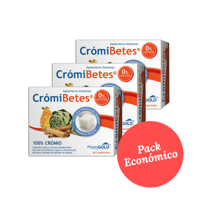 Embalagens do suplemento CrómiBetes com imagens de canela e alcachofra