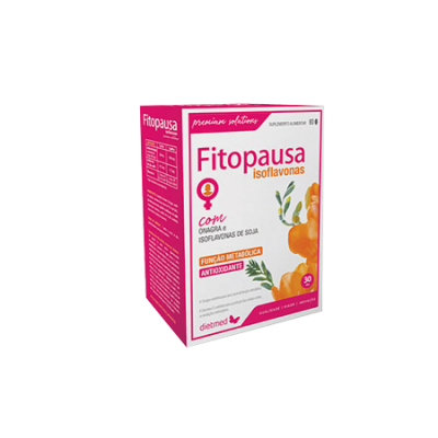 Caixa de suplemento Fitopausa isoﬂavonas, branca e rosa, com ilustração de plantas