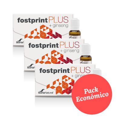 Três caixas do produto fostprint PLUS + ginseng com frascos e selo Pack Económico