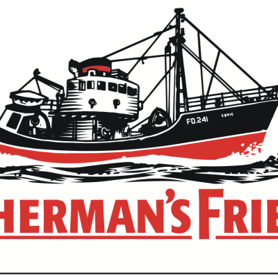 Logotipo com barco de pesca preto, branco e vermelho e texto FISHERMAN'S FRIEND