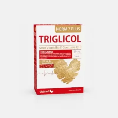 Suplemento alimentar TRIGLICOL NORM 7 PLUS em caixa branca e vermelha