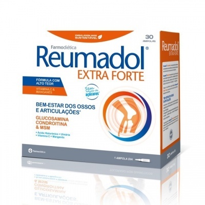 Caixa branca de Reumadol Extra Forte com texto azul, laranja e cinza