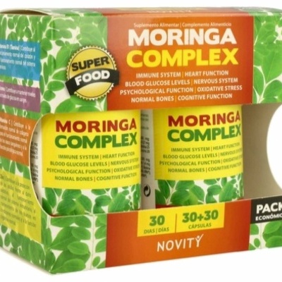 Embalagem económica de Moringa Complex com duas caixas de cápsulas em verde e laranja