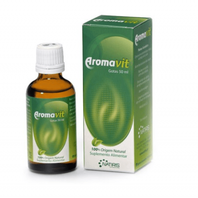 frasco e caixa verdes do suplemento Aromavit gotas 50 ml