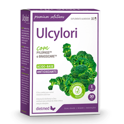 Embalagem de suplemento alimentar Ulcylori com cápsulas e texto explicativo