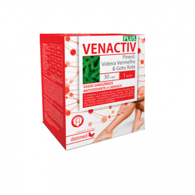 Caixa de suplemento alimentar Venactiv Plus com pernas femininas e texto informativo