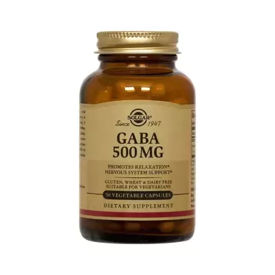 Frasco castanho de suplemento GABA 500 MG da Solgar com rótulo creme e tinta preta e dourada