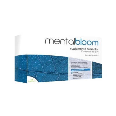Embalagem de suplemento alimentar Mental Bloom com design branco e azul