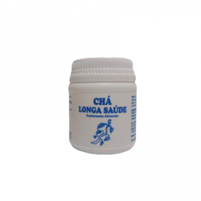 Frasco branco de suplemento alimentar Chá Longa Saúde com texto e ilustração azul.