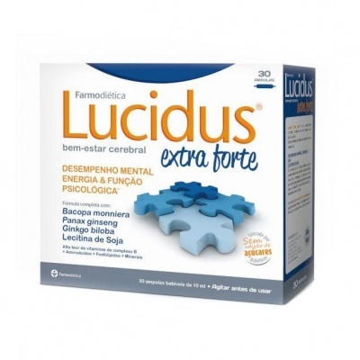 Embalagem de suplemento alimentar Lucidus extra forte para bem-estar cerebral com imagens de peças de puzzle azuis