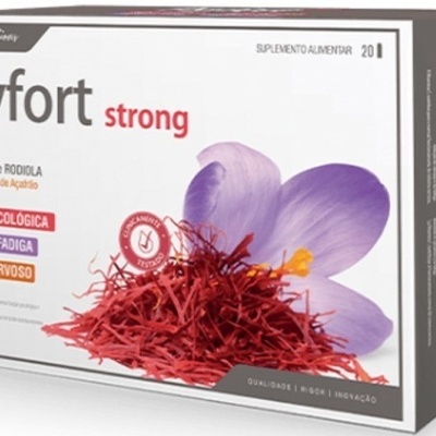 Embalagem branca do suplemento Psyfort strong com texto, flor roxa e fios vermelhos