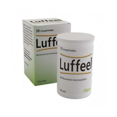 Frasco e caixa do medicamento homeopático Luffeel com 50 comprimidos