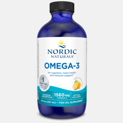 Frasco azul de suplemento Omega-3 da Nordic Naturals com rótulo branco e azul e tampa preta