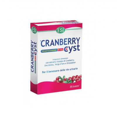 Embalagem branca e rosa de suplemento ESI CRANBERRY cyst com bagas de cranberry