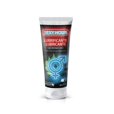 Tubo de gel lubrificante SEXY HOUR com símbolos masculinos e femininos azuis e folhas verdes