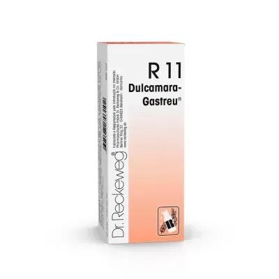 Embalagem de produto com texto R 11 Dulcamara-Gastreu Dr. Reckeweg e ícone de comprimidos
