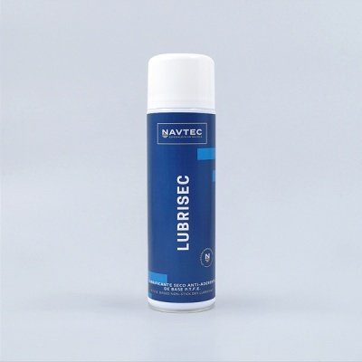Frasco spray lubrificante NAVTEC LUBRISEC azul e branco sobre fundo cinzento claro