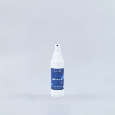 Frasco branco de spray do produto BAYTEC SCREENPROTEK com rótulo azul