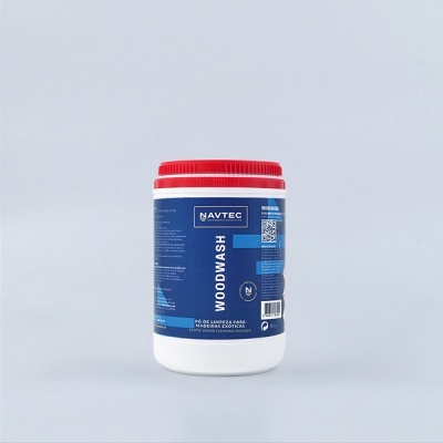 Recipiente branco com tampa vermelha e rótulo azul com texto