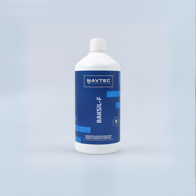 Frasco branco com rótulo azul escuro NAVTEC BAKSIL-F