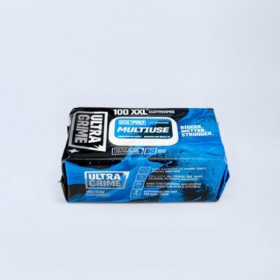 Embalagem azul e preta de luvas XXL Multiuse Ultra Grime com texto informativo