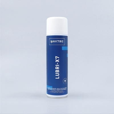 Spray lubrificante azul e branco com texto NAVTEC LUBRI-X7