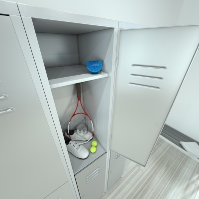 Armário metálico aberto com equipamento de ténis e acessórios