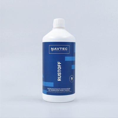 Frasco plástico branco com rótulo azul NAVTEC RUSTOFF