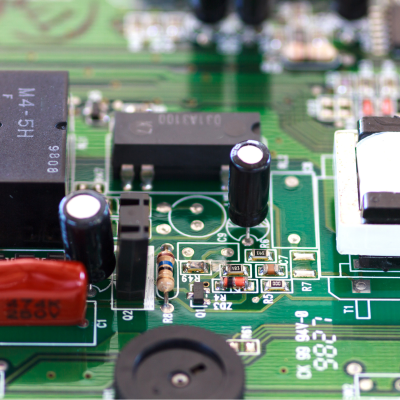 Placa eletrónica verde com componentes eletrónicos, relés e condensadores