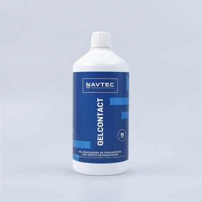 Frasco branco com etiqueta azul escura de gel renovador de pneus NAVTEC