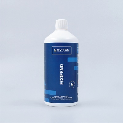 Garrafa plástica branca com rótulo azul escuro ECOFEND da NAVTEC