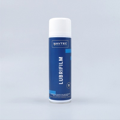 Lata azul e branca do lubrificante Lubrifilm da marca Navtec com tampa branca