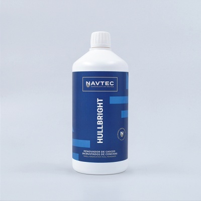 Frasco branco com rótulo azul NAVTEC HULLBRIGHT