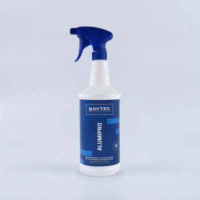 Frasco pulverizador branco com gatilho azul e rótulo azul NAVTEC ALUMIPRO