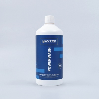 Frasco branco de desengordurante NAVTEC POWERWASH com rótulo azul