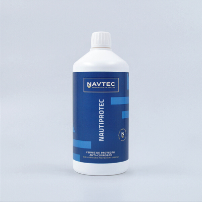 Frasco branco com etiqueta azul de verniz anti-corrosão NAVITEC