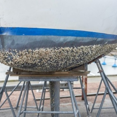 Casco inferior de barco branco com faixa azul e cracas, apoiado em estrutura metálica junto à água.