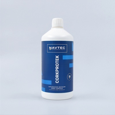 Frasco branco com rótulo azul NAVTEC CORKPROTEK para saturador incolor para cortiça