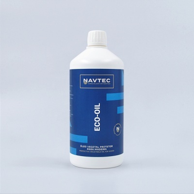 Frasco branco com rótulo azul ECO-OIL da NAVTEC para proteção de madeira