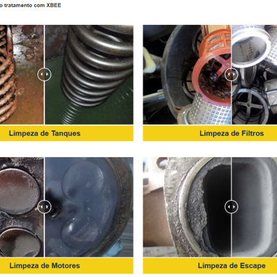 Antes e depois da limpeza de tanques, filtros, motores e escape em equipamentos industriais.