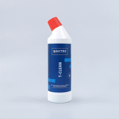 Frasco branco com tampa vermelha e rótulo azul NAVTEC T-CLEAN gel desinfetante