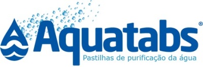 Logótipo da marca Aquatabs com gotas de água e texto promocional