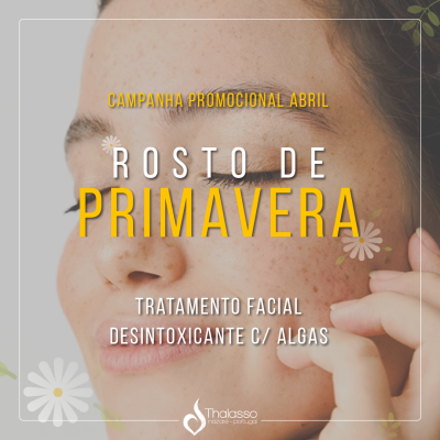 Rosto feminino com olhos fechados e texto promocional sobre tratamento facial