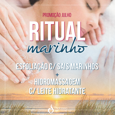 Promoção Ritual marinho com esfoliação e hidromassagem sobre fundo de pôr do sol na praia.