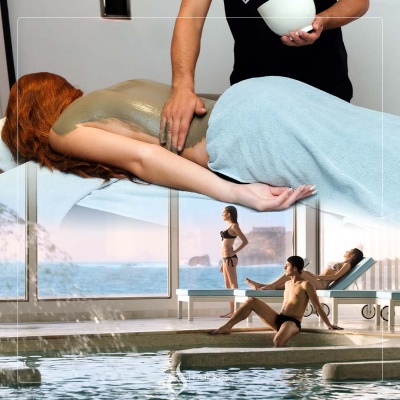 Mulher a receber tratamento corporal e casal junto à piscina interior com vista para o mar