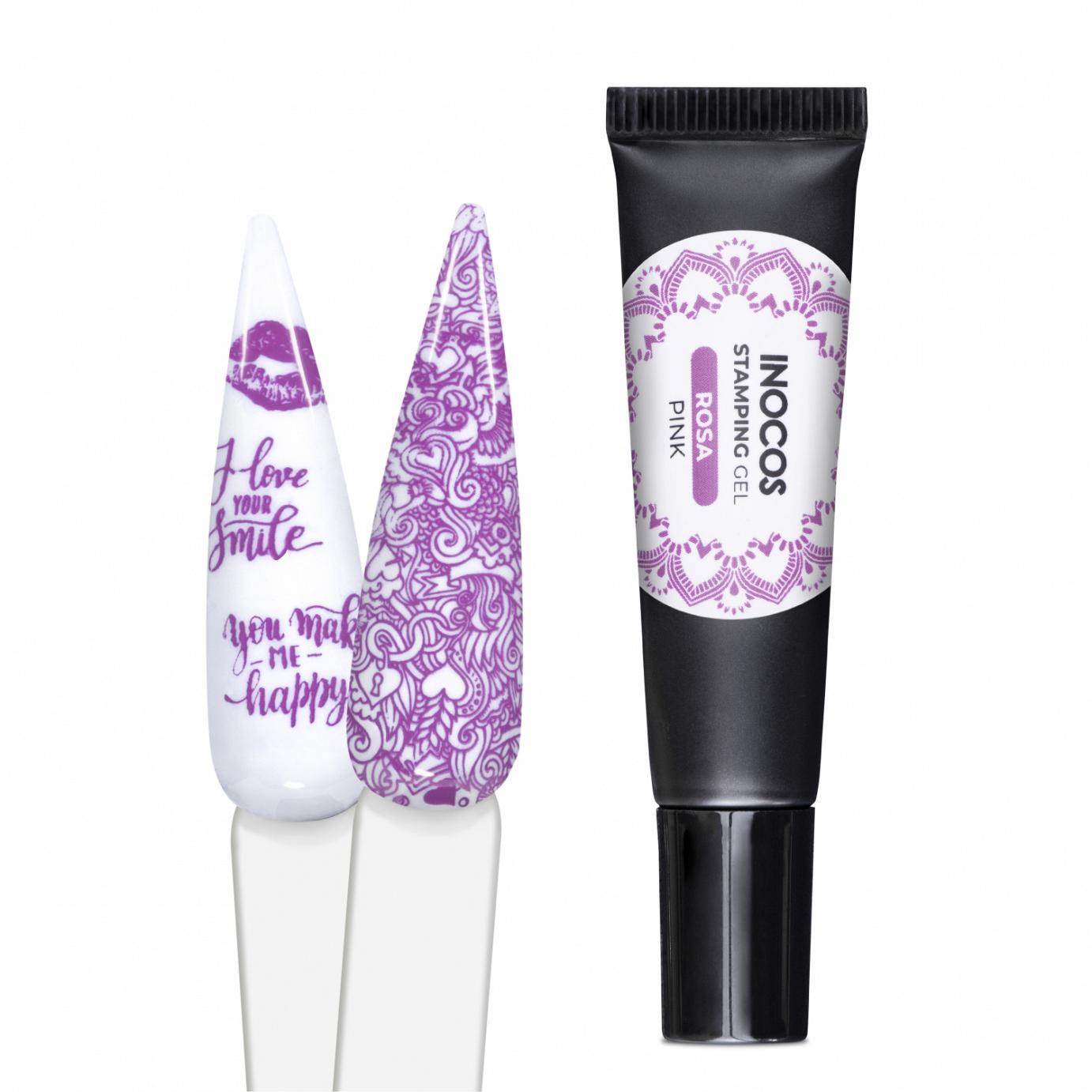 Tubo preto de gel para carimbo INOCOS Stamping Gel Pink com duas amostras de unhas decoradas