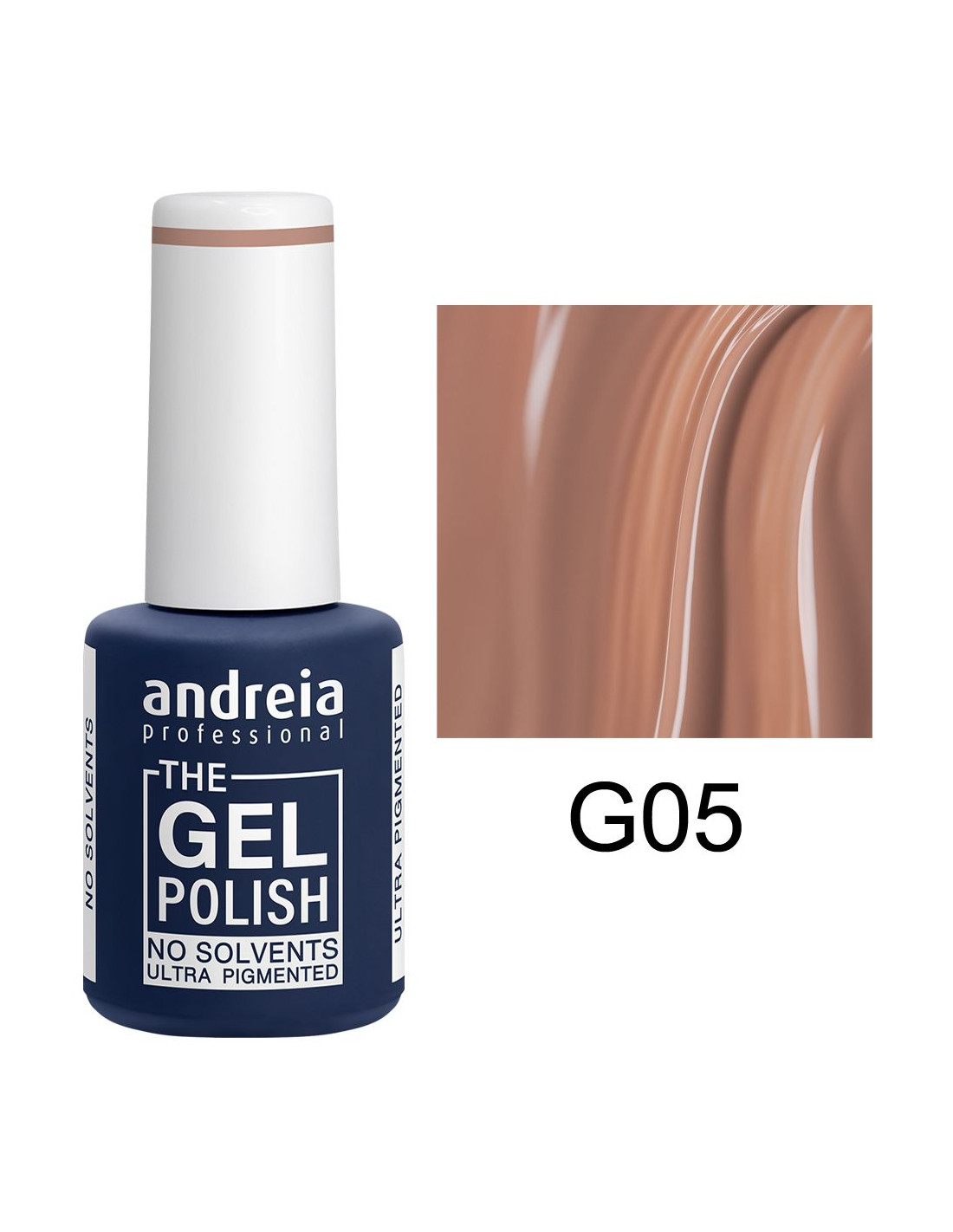 Frasco de verniz gel azul escuro e amostra da cor castanha clara G05