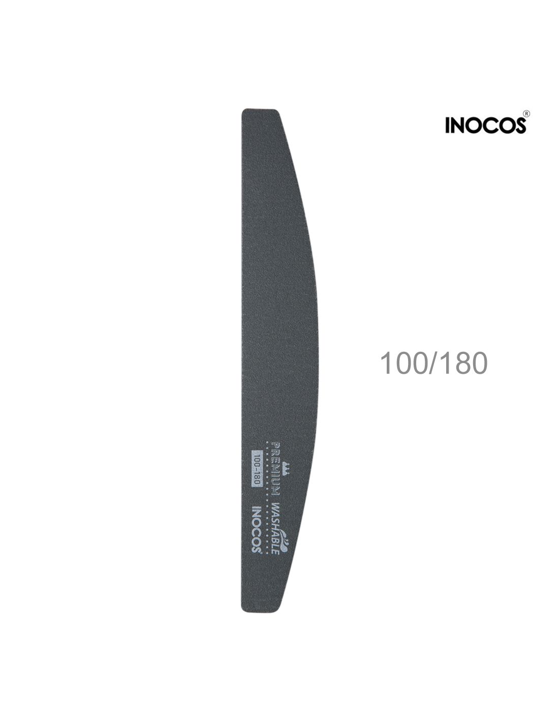 Lima de unhas curva preta com texto INOCOS 100/180