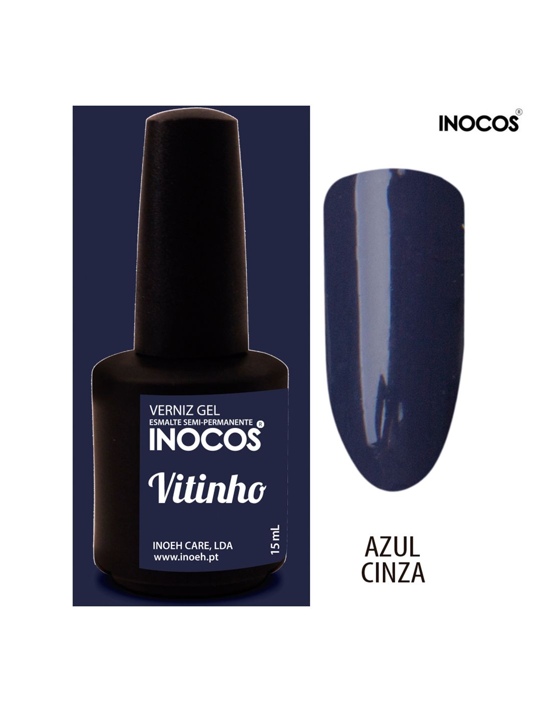 Verniz gel INOCOS Vitinho azul cinza com 15 ml e amostra da cor