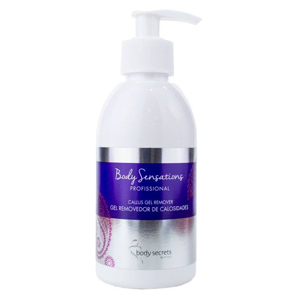 Frasco branco com doseador do produto Body Sensations Gel Removedor de Calosidades